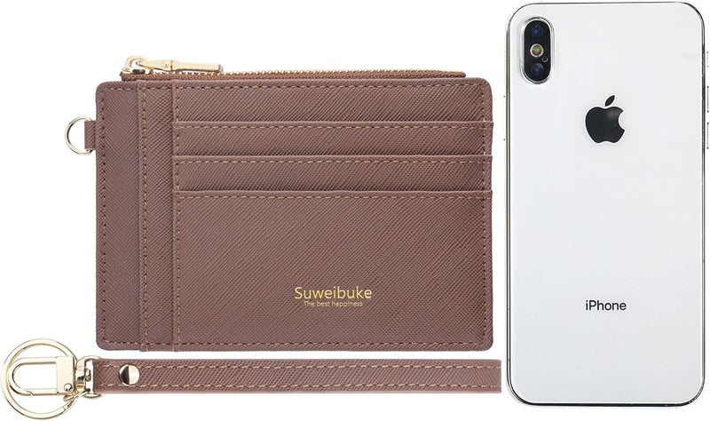 Wikavanli Women Slim Rfid Blocking Credit Card Case Holder Wristlet Zip ID Case Wallet Small Compact Leather Wallet Coin Purse with Keychain (Camel) - Image 3